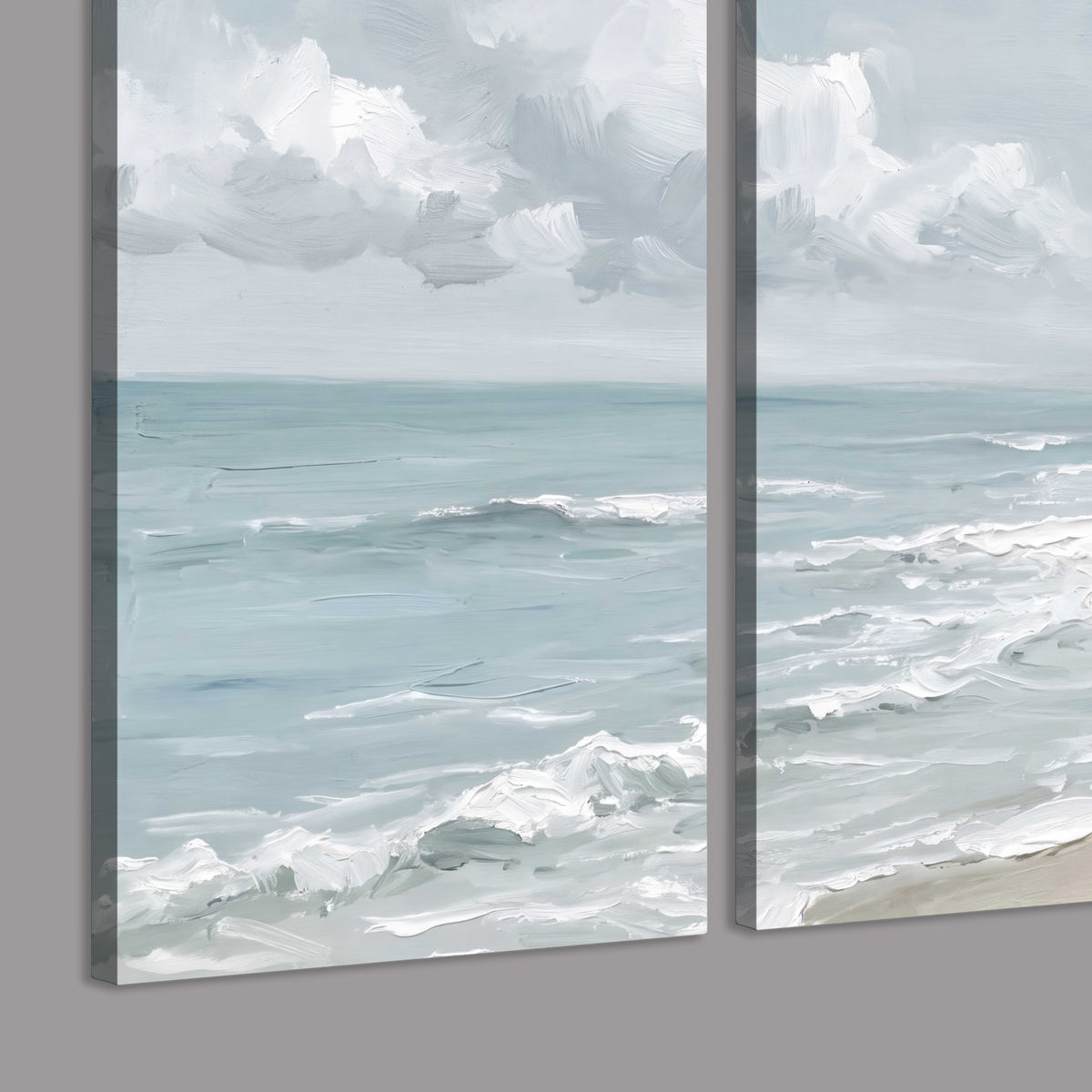 Gentle pale blue waves washing across a light sandy beach 3 piece canvas wall art room and product view