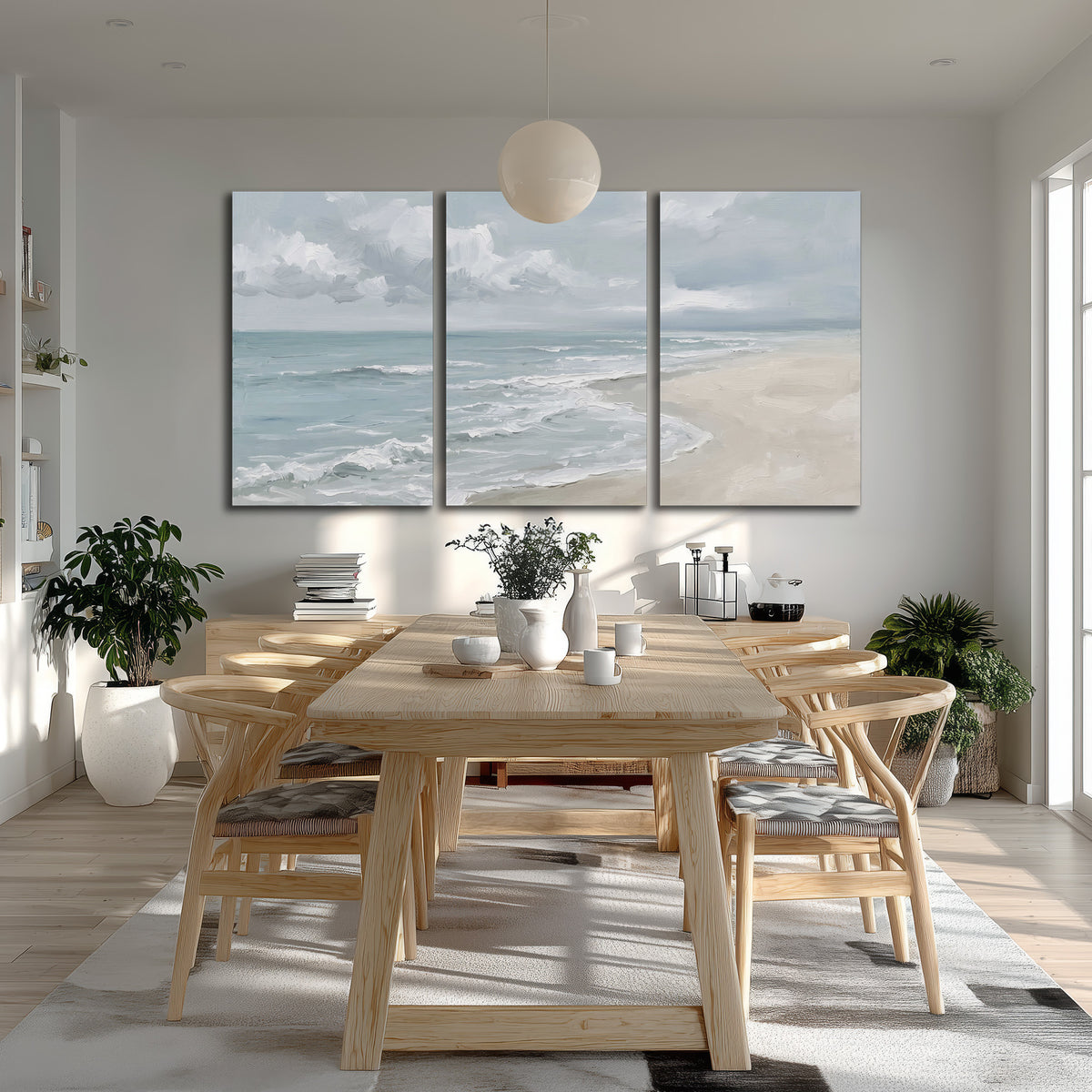 Gentle pale blue waves washing across a light sandy beach 3 piece canvas wall art room and product view