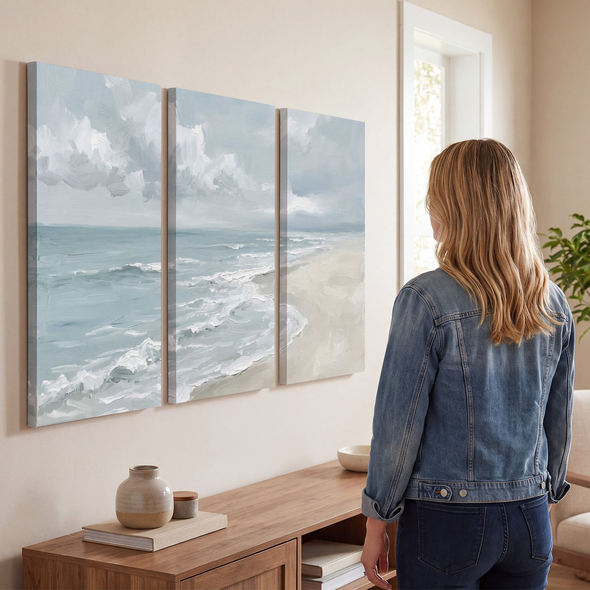 Gentle pale blue waves washing across a light sandy beach 3 piece canvas wall art three panel arrangement on a wall