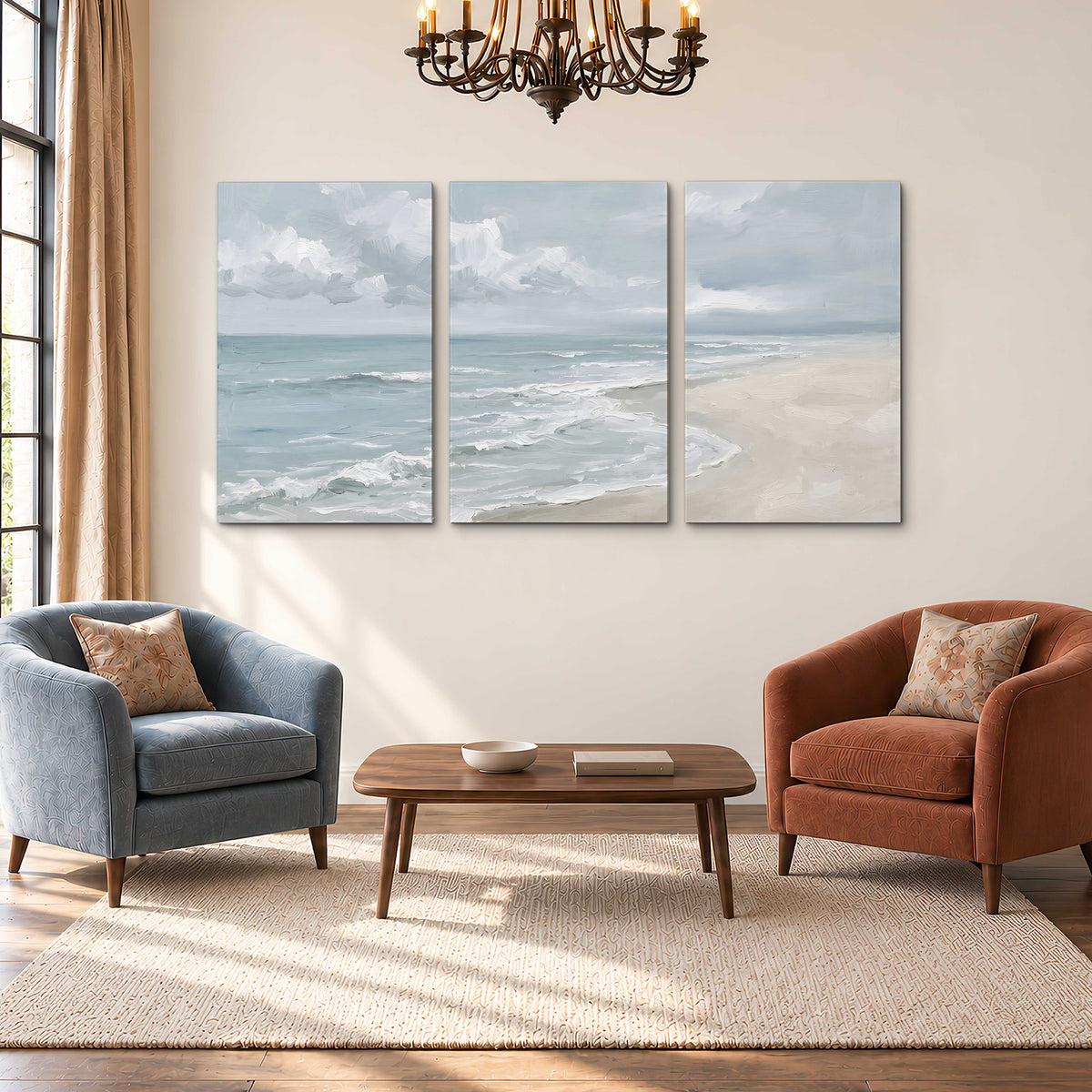 Gentle pale blue waves washing across a light sandy beach 3 piece canvas wall art styled in an interior