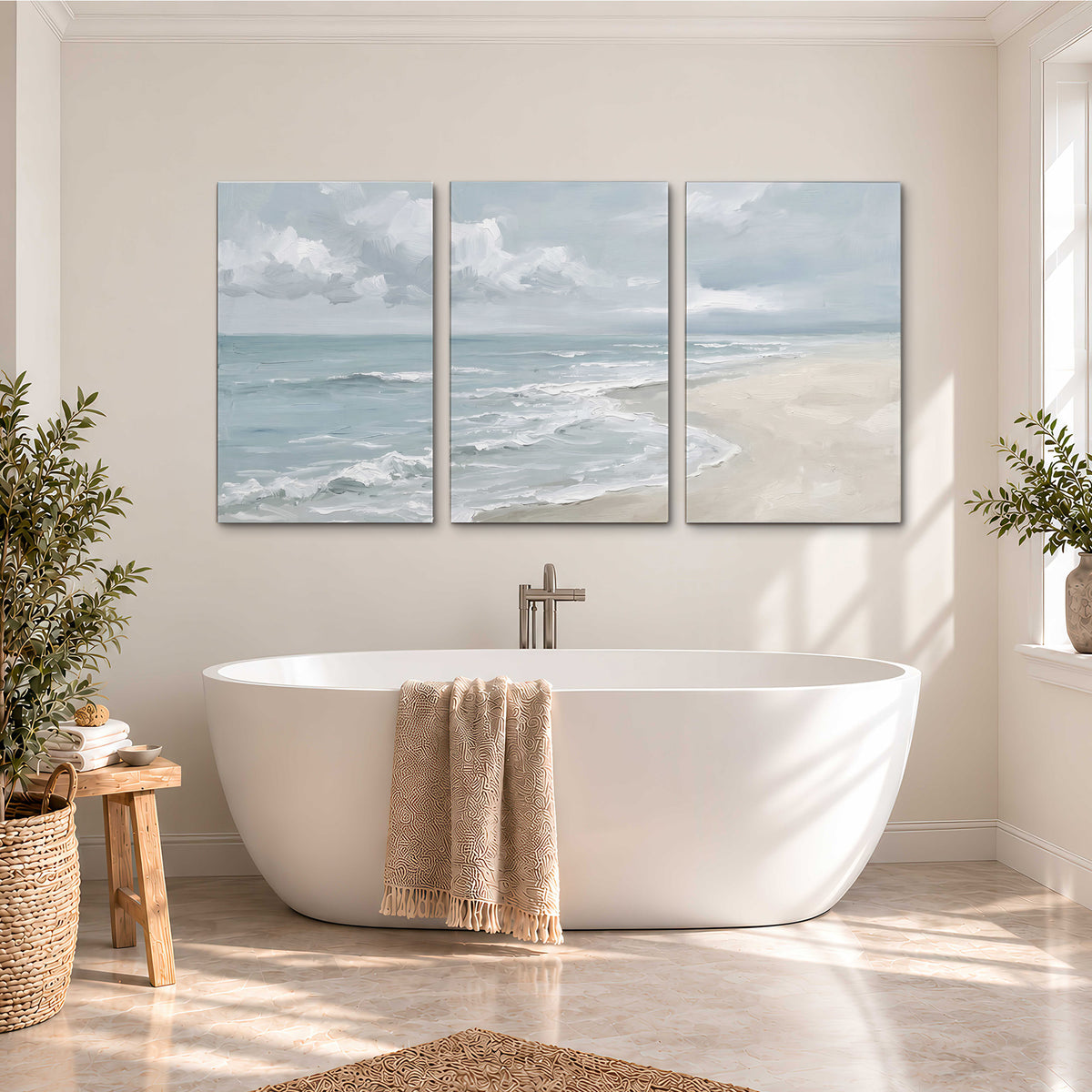 Gentle pale blue waves washing across a light sandy beach 3 piece canvas wall art styled in an interior