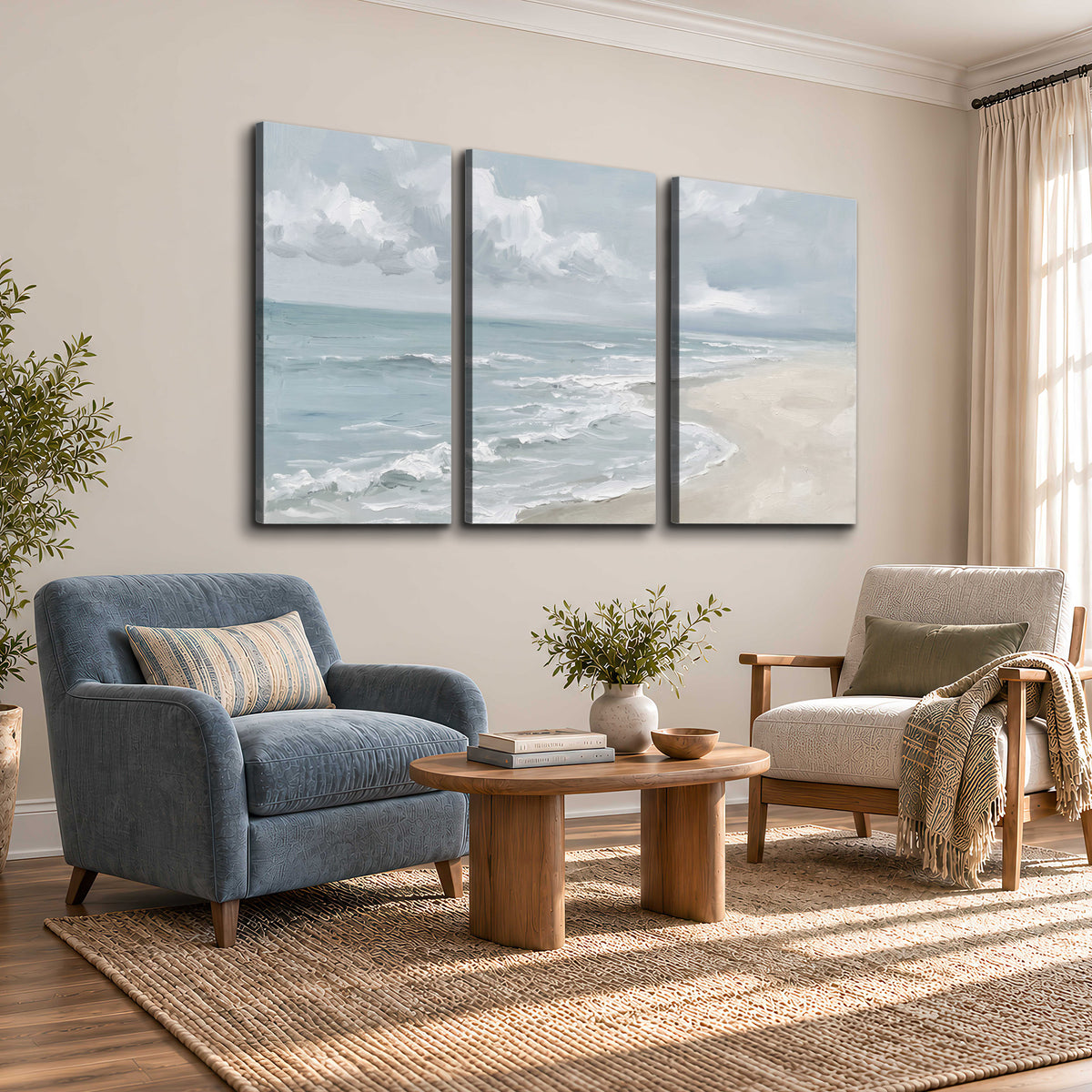 Gentle pale blue waves washing across a light sandy beach 3 piece canvas wall art styled in an interior