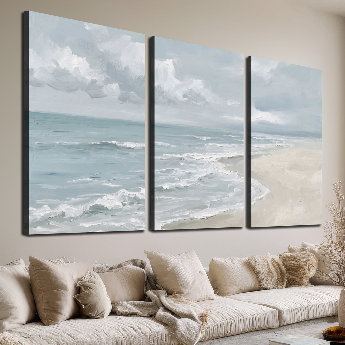 Gentle pale blue waves washing across a light sandy beach 3 piece canvas wall art room and product view