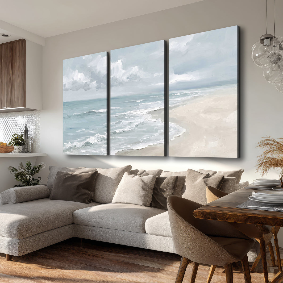 Gentle pale blue waves washing across a light sandy beach 3 piece canvas wall art room and product view