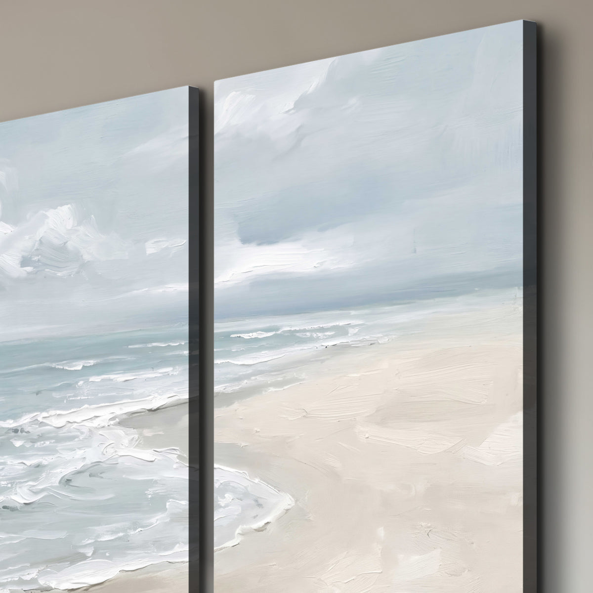Gentle pale blue waves washing across a light sandy beach 3 piece canvas wall art room and product view