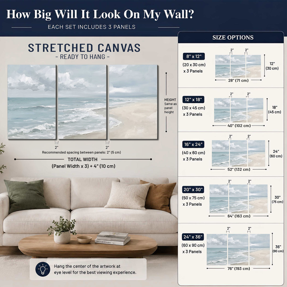 Gentle pale blue waves washing across a light sandy beach 3 piece canvas wall art size guide above a sofa; room view is illustrative