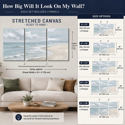 Gentle pale blue waves washing across a light sandy beach 3 piece canvas wall art size guide above a sofa; room view is illustrative