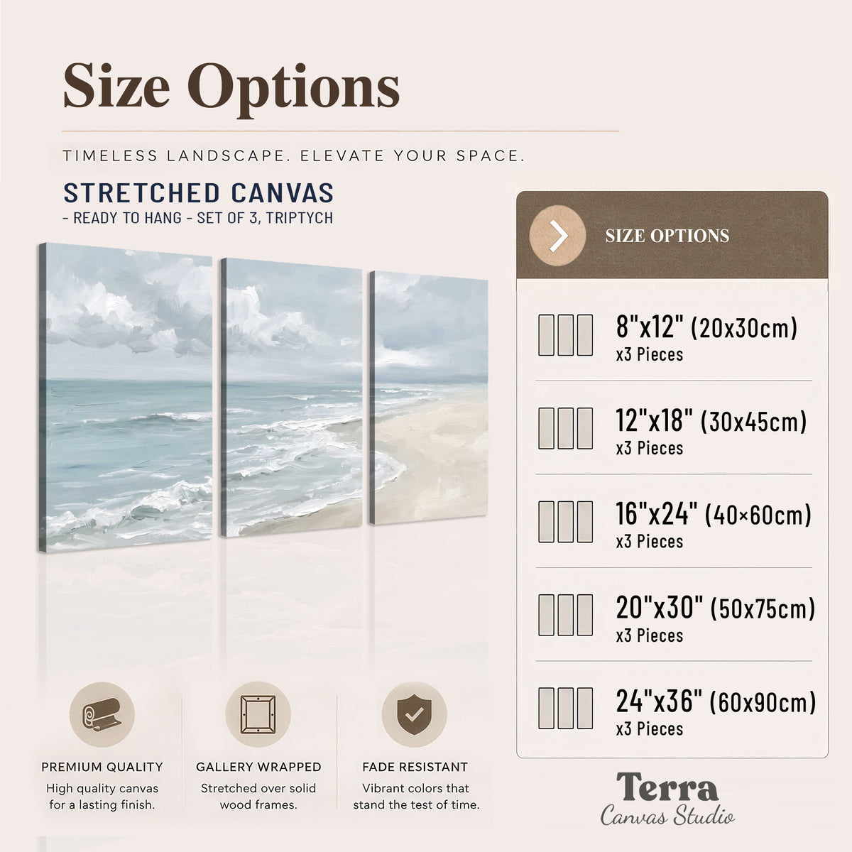 Gentle pale blue waves washing across a light sandy beach 3 piece canvas wall art available dimensions; triptych dimensions are per panel