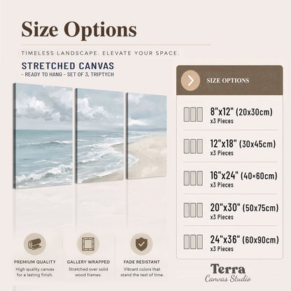 Gentle pale blue waves washing across a light sandy beach 3 piece canvas wall art available dimensions; triptych dimensions are per panel