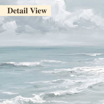 Gentle pale blue waves washing across a light sandy beach 3 piece canvas wall art artwork detail close up