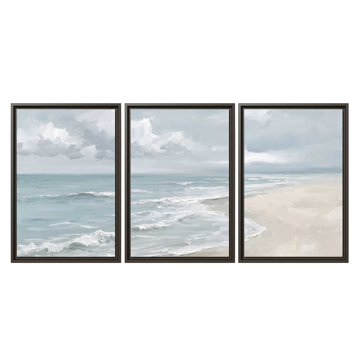 Gentle pale blue waves washing across a light sandy beach 3 piece framed canvas wall art viewed straight on