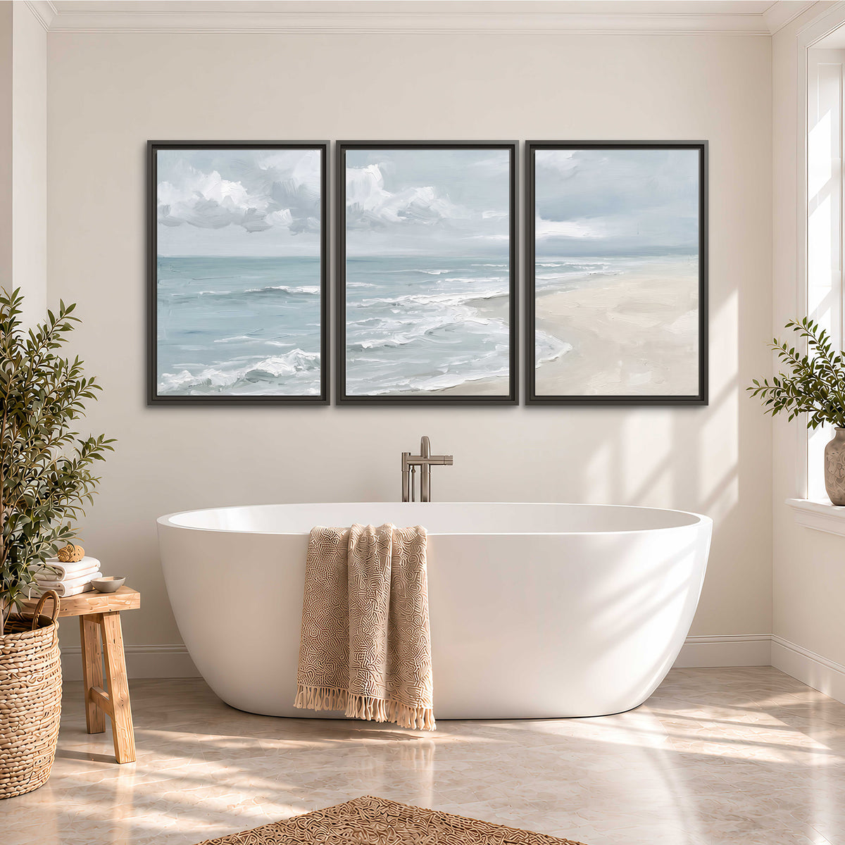 Gentle pale blue waves washing across a light sandy beach 3 piece framed canvas wall art styled in an interior