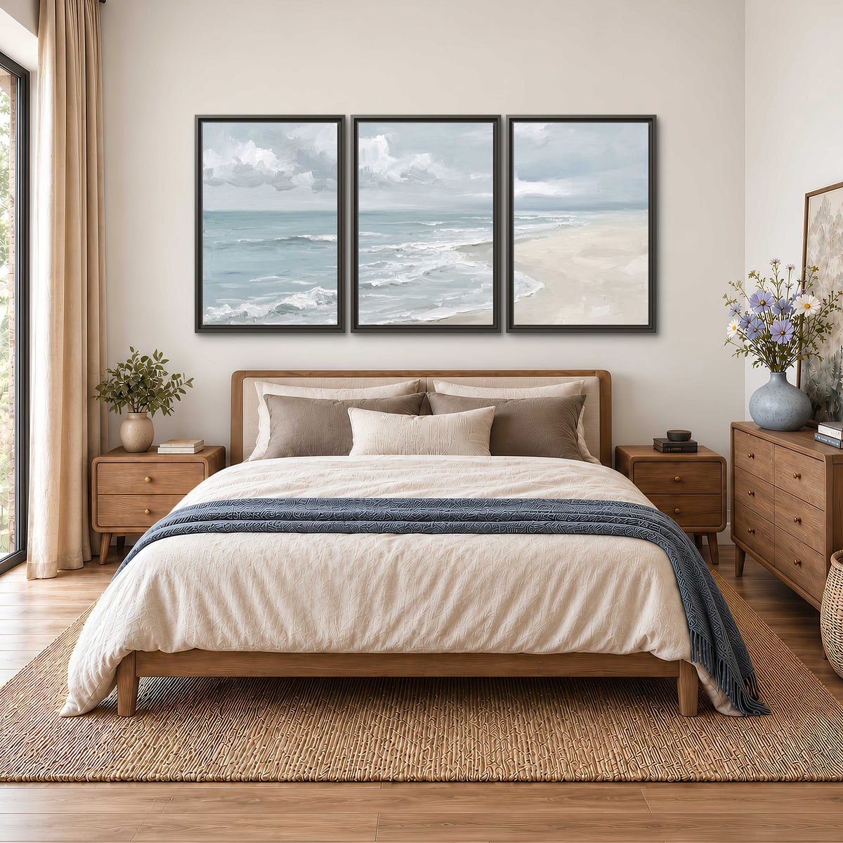 Gentle pale blue waves washing across a light sandy beach 3 piece framed canvas wall art styled in an interior
