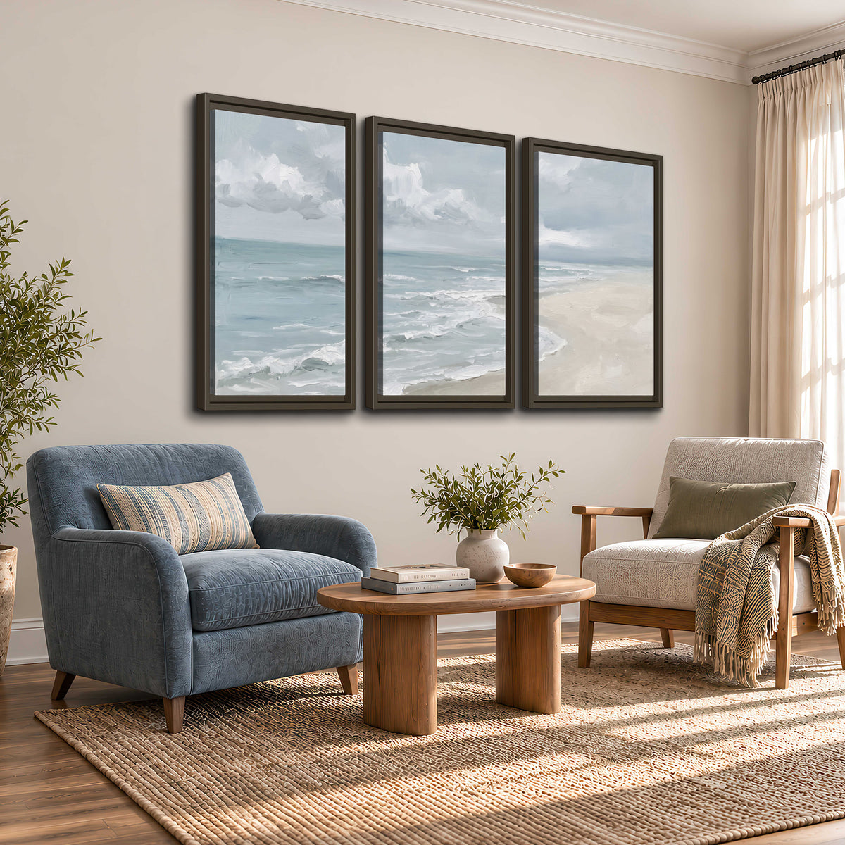 Gentle pale blue waves washing across a light sandy beach 3 piece framed canvas wall art styled in an interior
