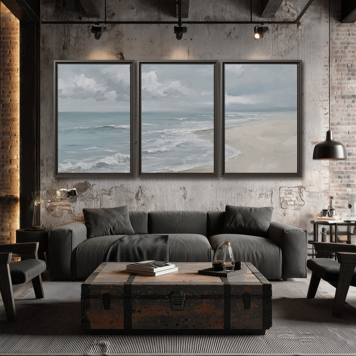 Gentle pale blue waves washing across a light sandy beach 3 piece framed canvas wall art displayed in a industrial room