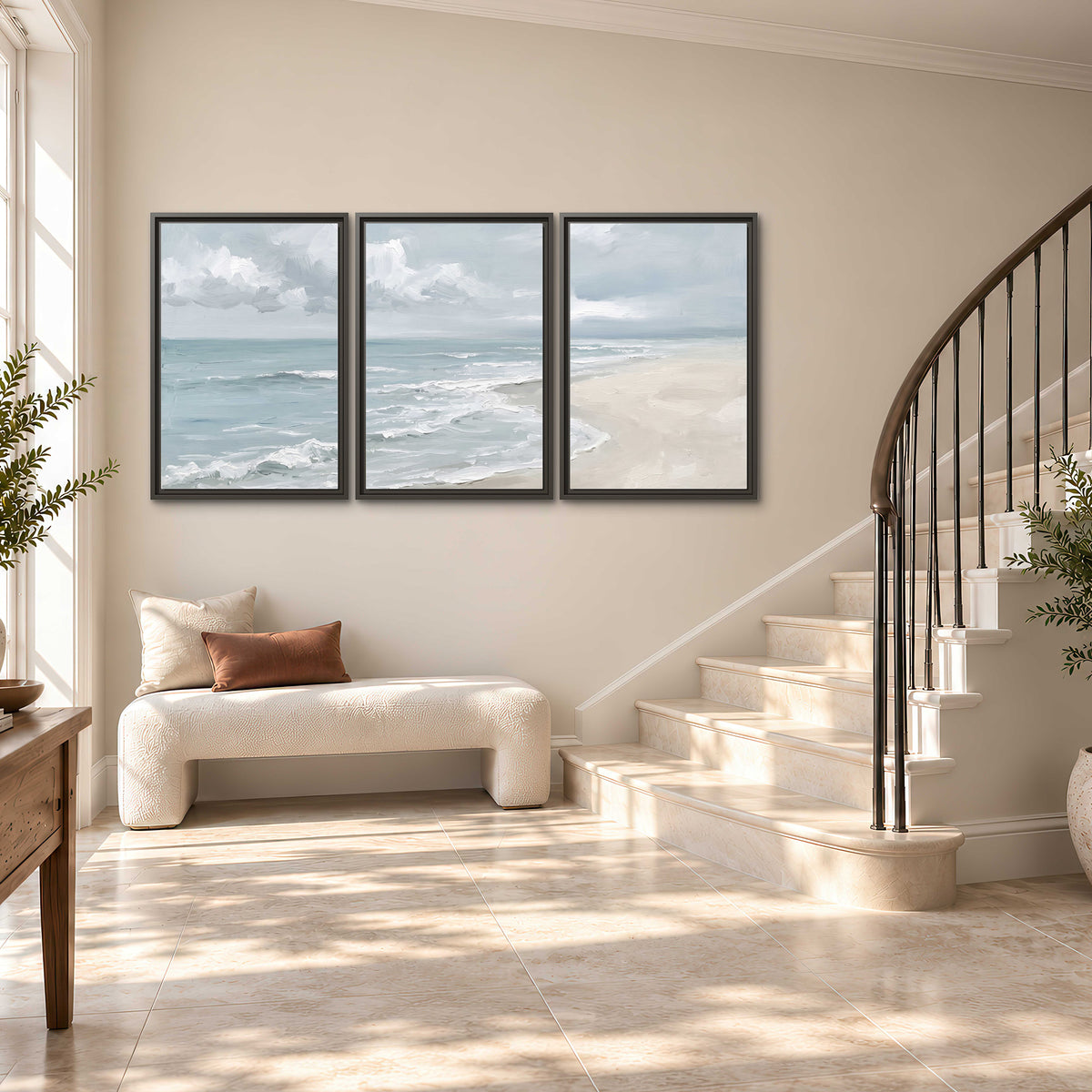 Gentle pale blue waves washing across a light sandy beach 3 piece framed canvas wall art styled in an interior
