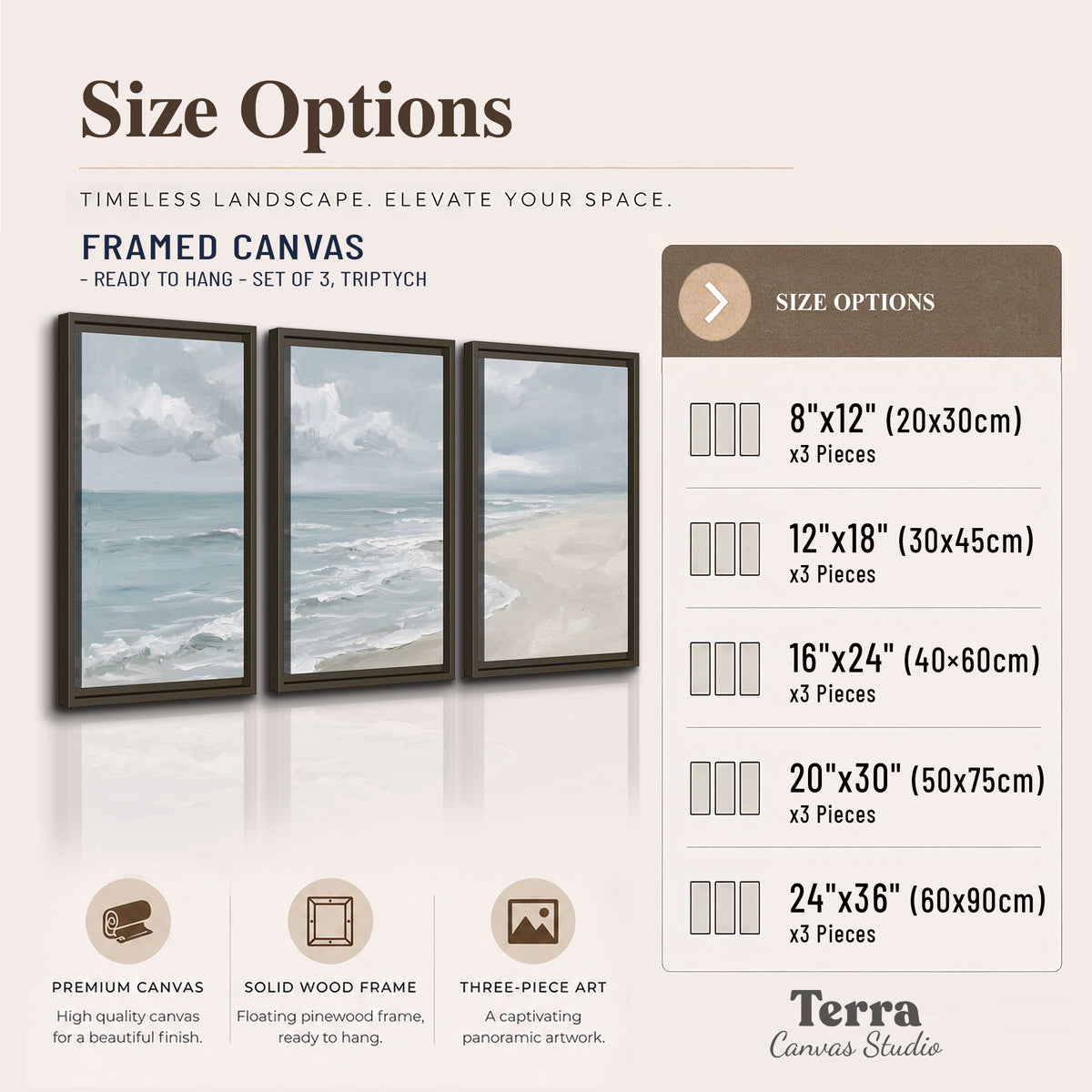 Gentle pale blue waves washing across a light sandy beach 3 piece framed canvas wall art available dimensions; triptych dimensions are per panel