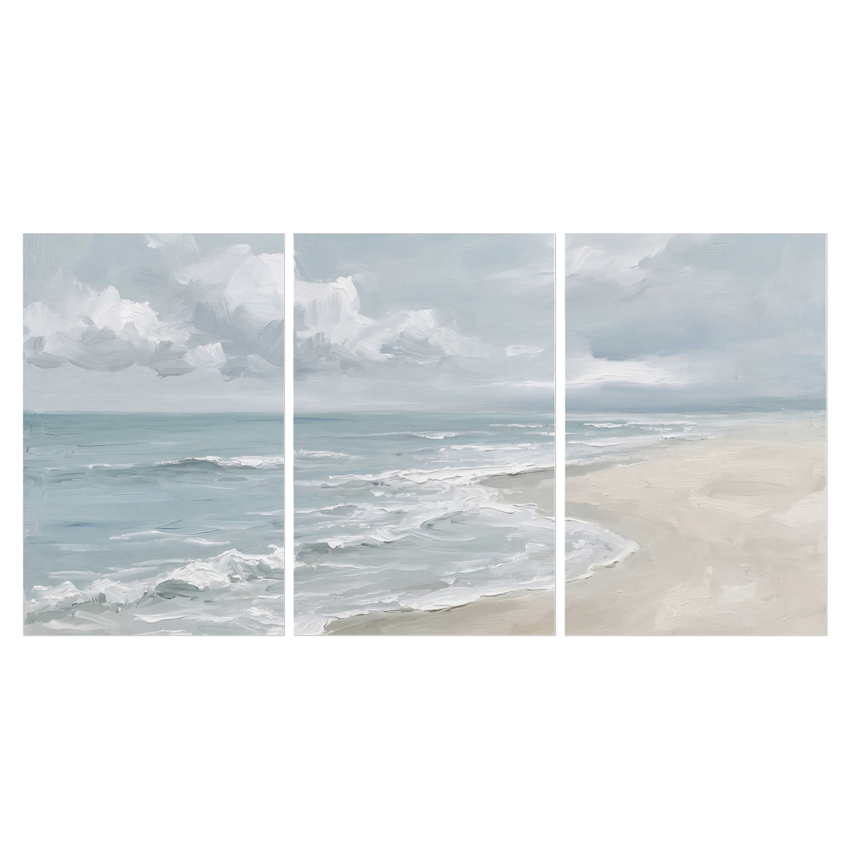 Gentle pale blue waves washing across a light sandy beach set of 3 poster prints viewed straight on