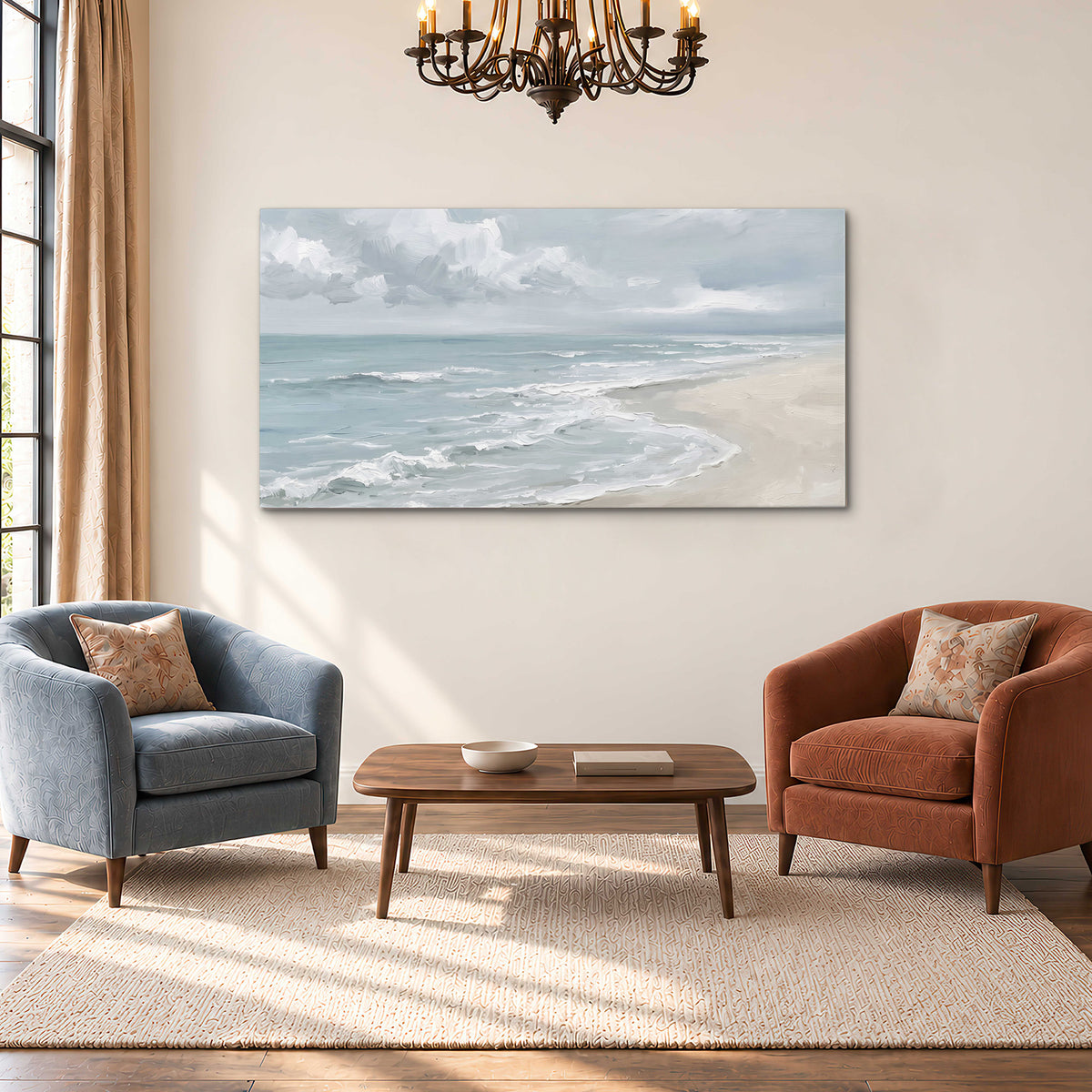 Gentle pale blue waves washing across a light sandy beach single canvas wall art styled in an interior