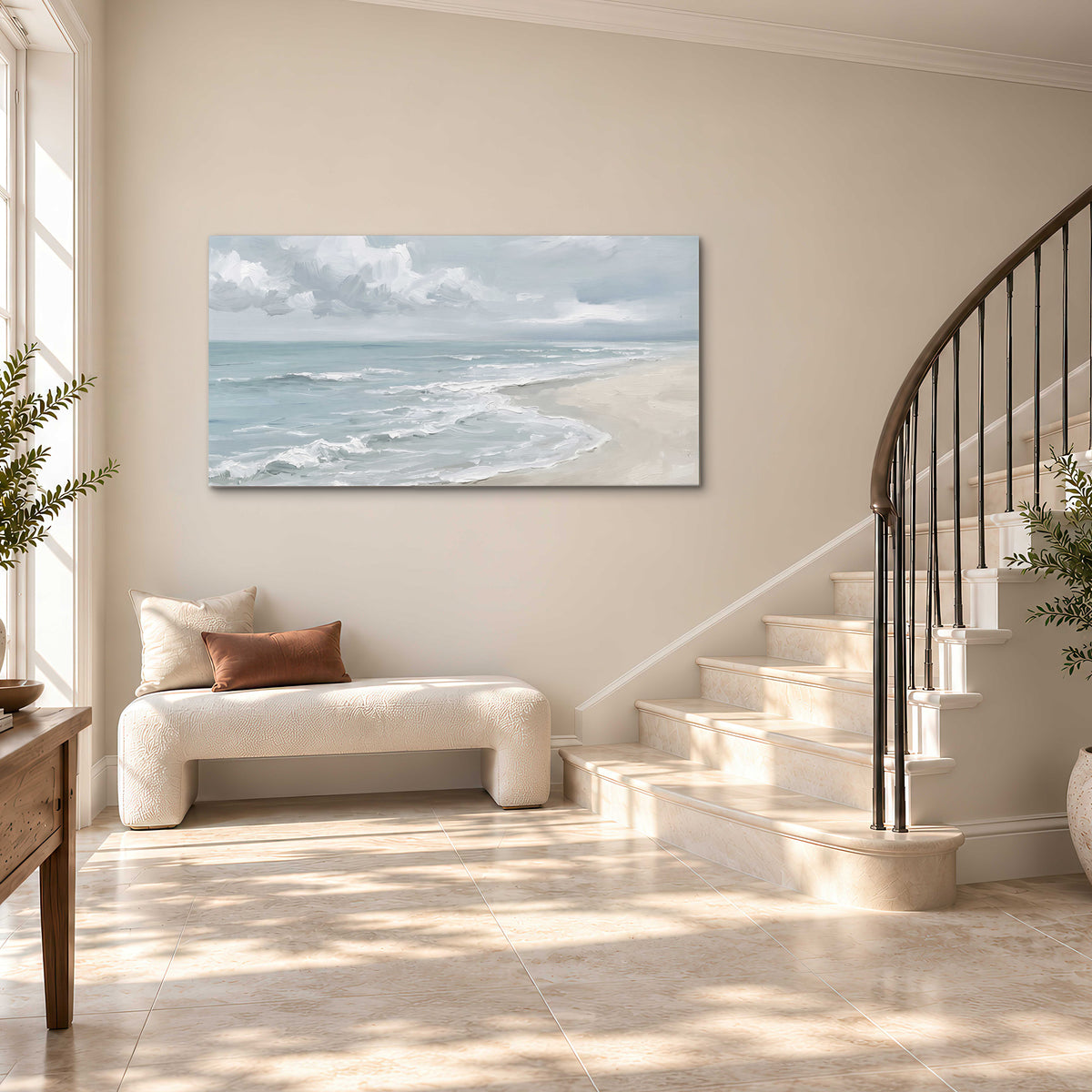 Gentle pale blue waves washing across a light sandy beach single canvas wall art styled in an interior