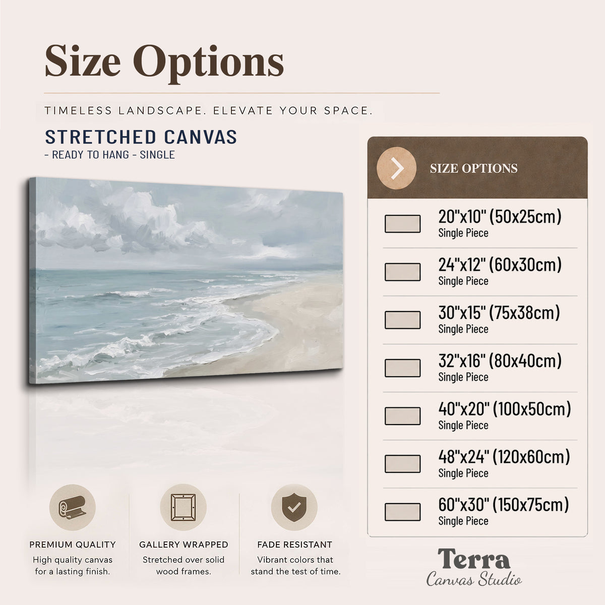 Gentle pale blue waves washing across a light sandy beach single canvas wall art available dimensions
