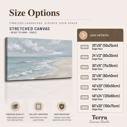 Gentle pale blue waves washing across a light sandy beach single canvas wall art available dimensions