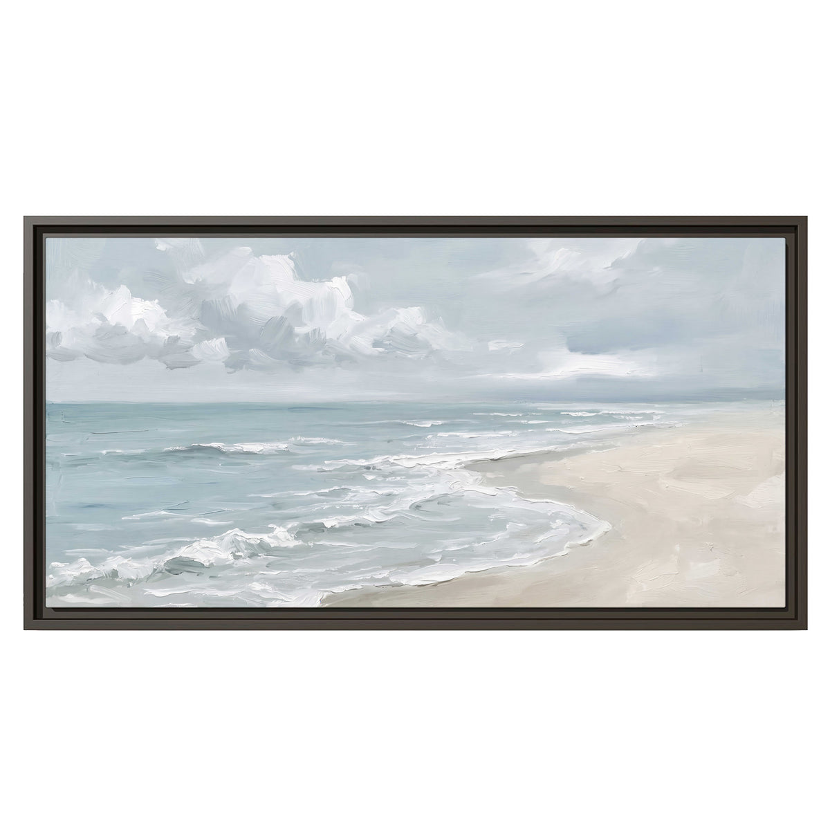 Gentle pale blue waves washing across a light sandy beach single framed canvas wall art viewed straight on