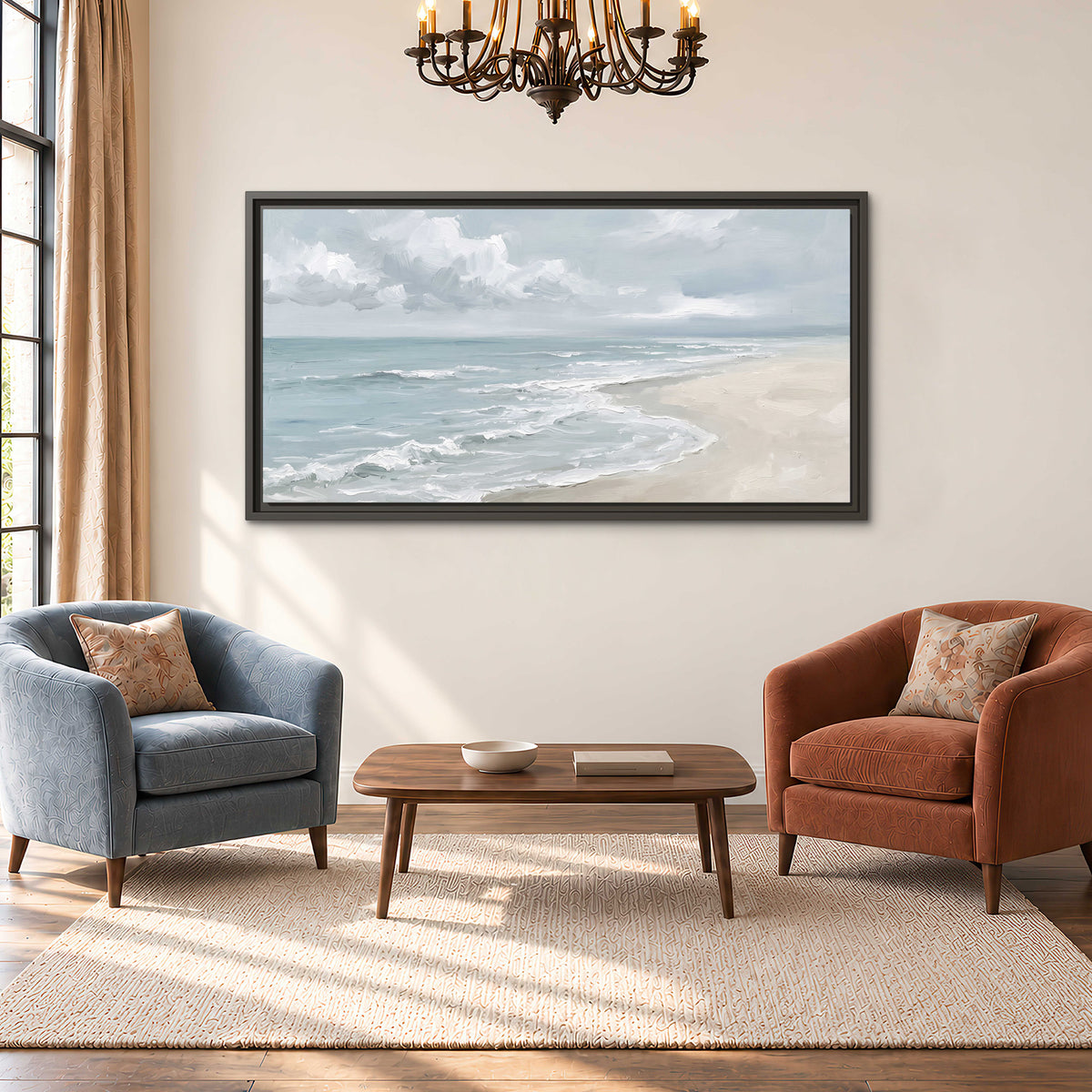 Gentle pale blue waves washing across a light sandy beach single framed canvas wall art styled in an interior