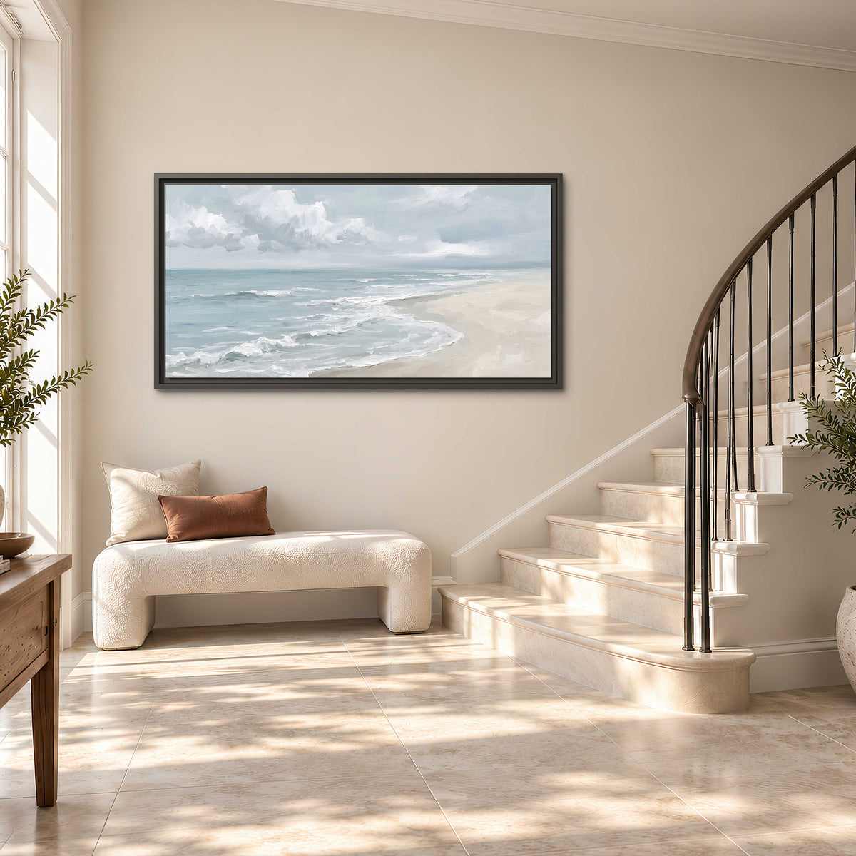 Gentle pale blue waves washing across a light sandy beach single framed canvas wall art styled in an interior