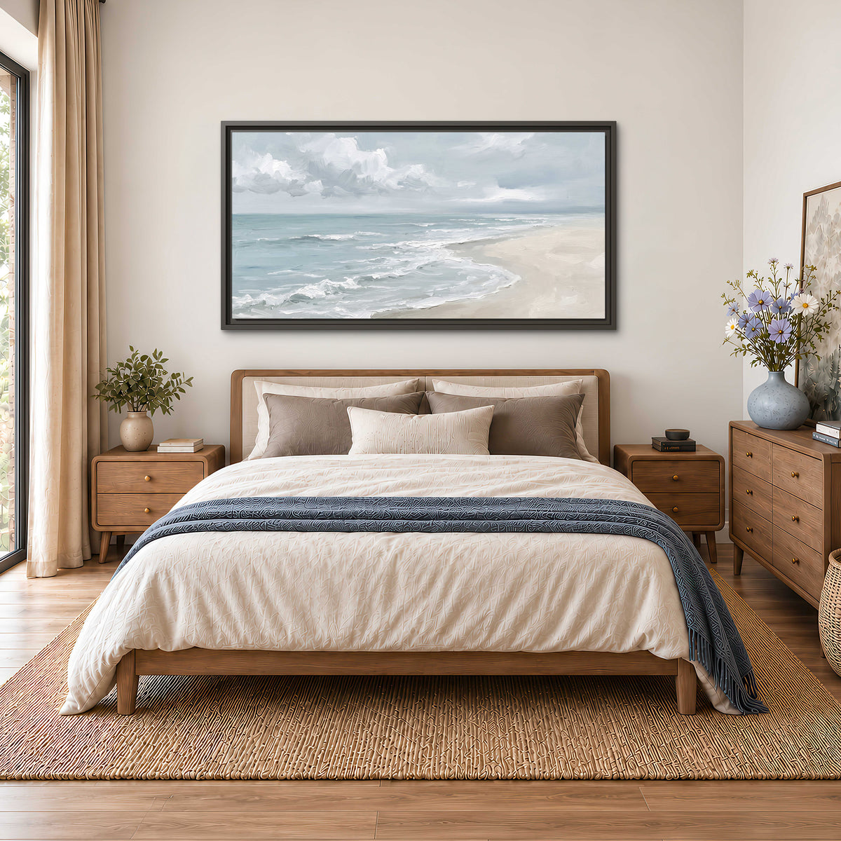 Gentle pale blue waves washing across a light sandy beach single framed canvas wall art styled in an interior