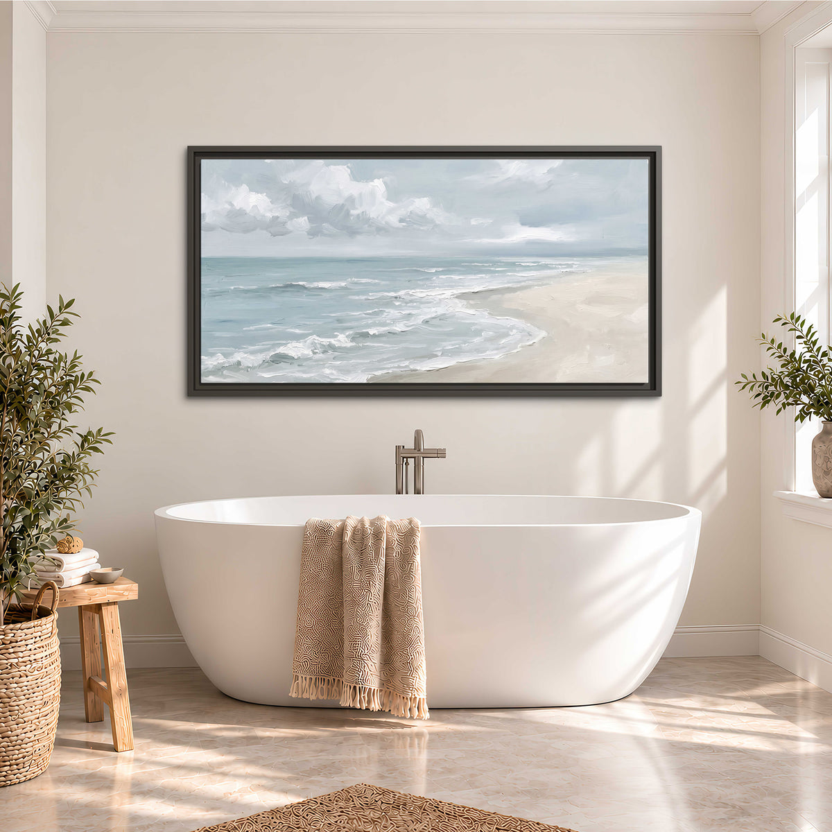 Gentle pale blue waves washing across a light sandy beach single framed canvas wall art styled in an interior