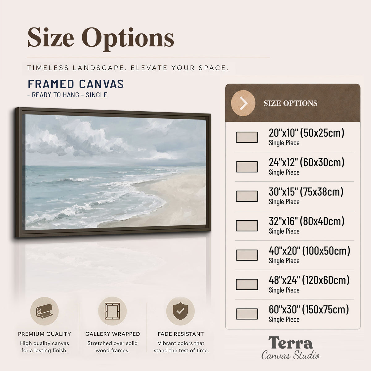 Gentle pale blue waves washing across a light sandy beach single framed canvas wall art available dimensions