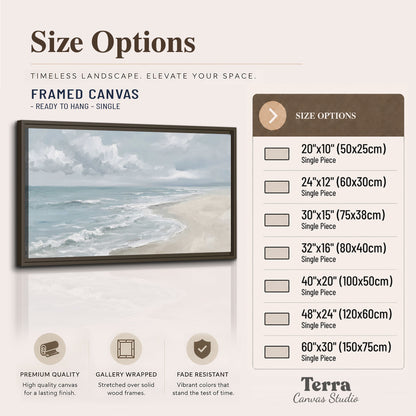Gentle pale blue waves washing across a light sandy beach single framed canvas wall art available dimensions