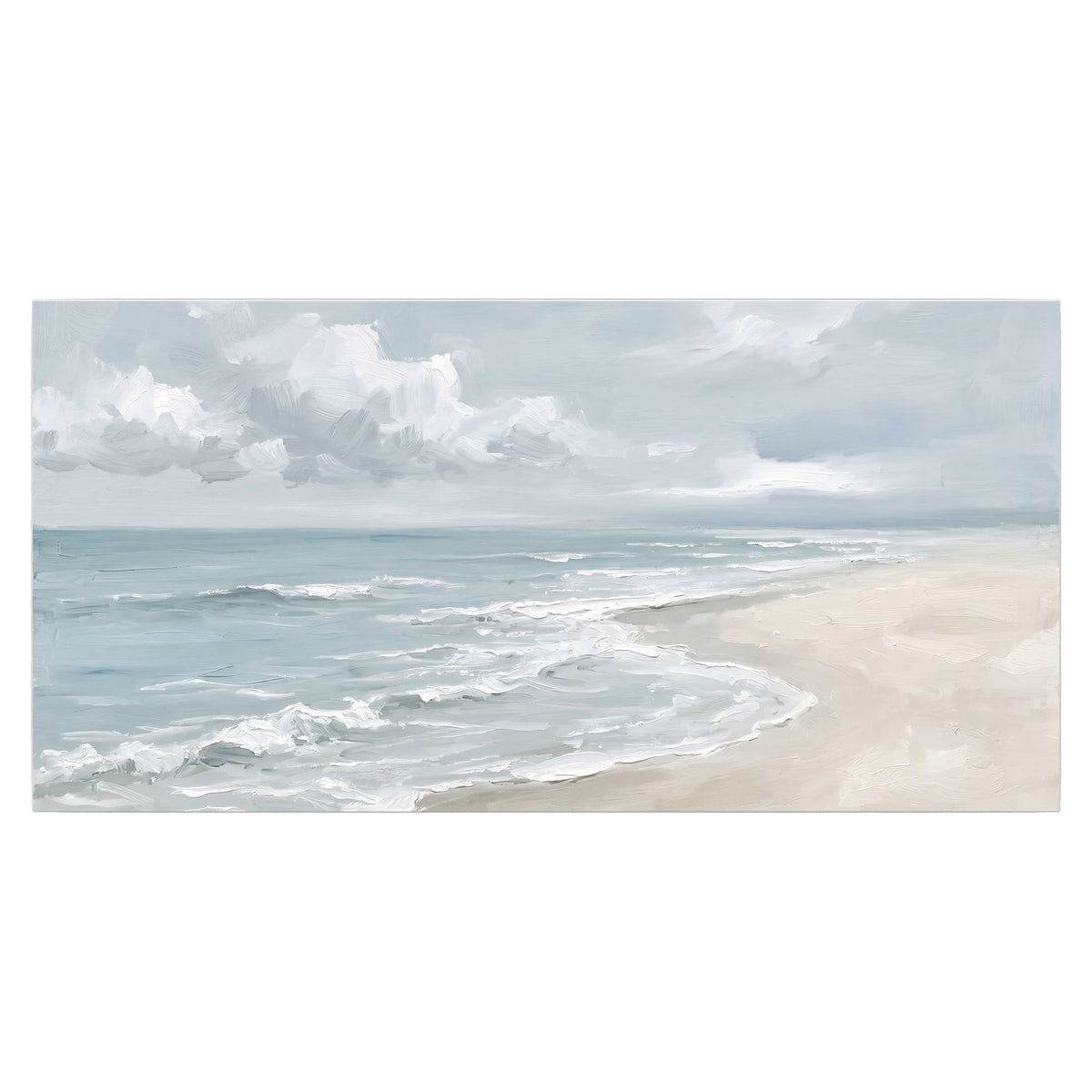 Gentle pale blue waves washing across a light sandy beach single poster print viewed straight on