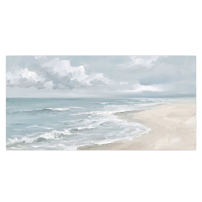 Gentle pale blue waves washing across a light sandy beach single poster print viewed straight on
