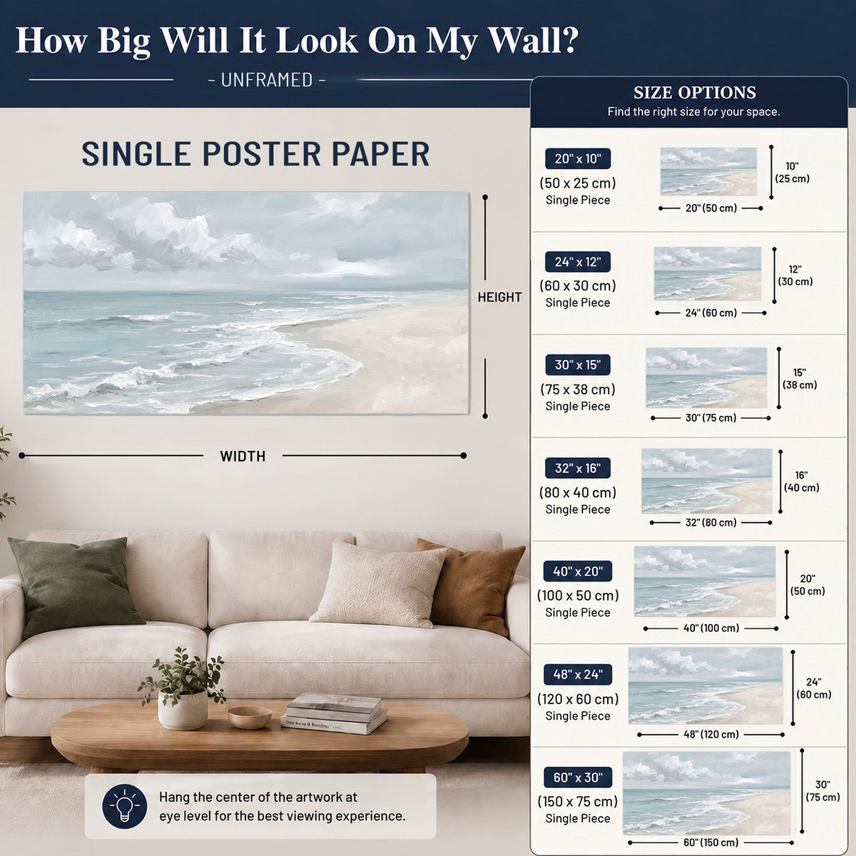 Gentle pale blue waves washing across a light sandy beach single poster print size guide above a sofa; room view is illustrative