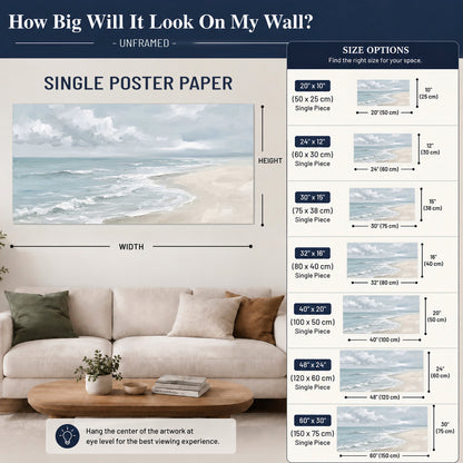 Gentle pale blue waves washing across a light sandy beach single poster print size guide above a sofa; room view is illustrative