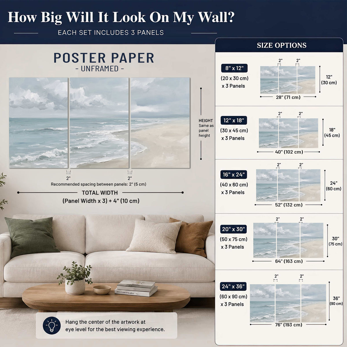 Gentle pale blue waves washing across a light sandy beach set of 3 poster prints size guide above a sofa; room view is illustrative