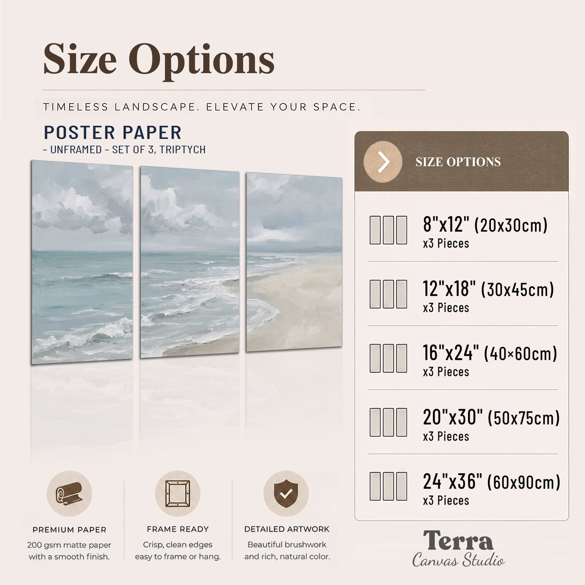 Gentle pale blue waves washing across a light sandy beach set of 3 poster prints available dimensions; triptych dimensions are per panel