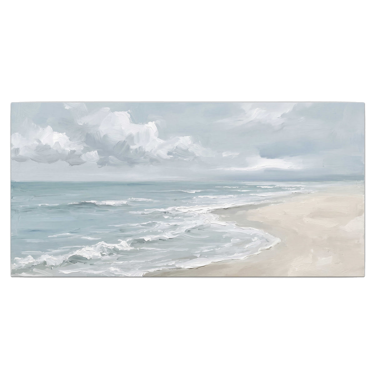 Gentle pale blue waves washing across a light sandy beach single canvas wall art viewed straight on