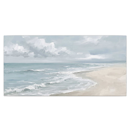 Gentle pale blue waves washing across a light sandy beach single canvas wall art viewed straight on