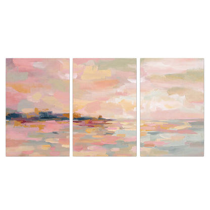 Pink, peach and yellow painted-style sky and water reflections 3 piece canvas wall art viewed straight on