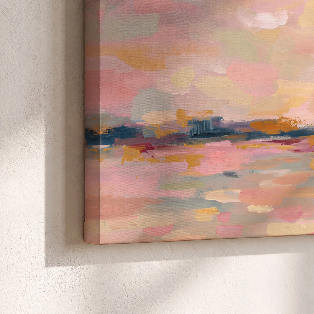 Pink, peach and yellow painted-style sky and water reflections 3 piece canvas wall art material and edge close up