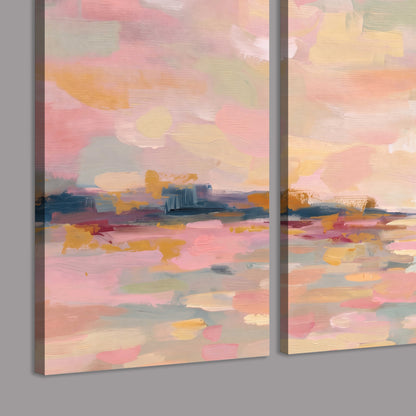 Pink, peach and yellow painted-style sky and water reflections 3 piece canvas wall art room and product view