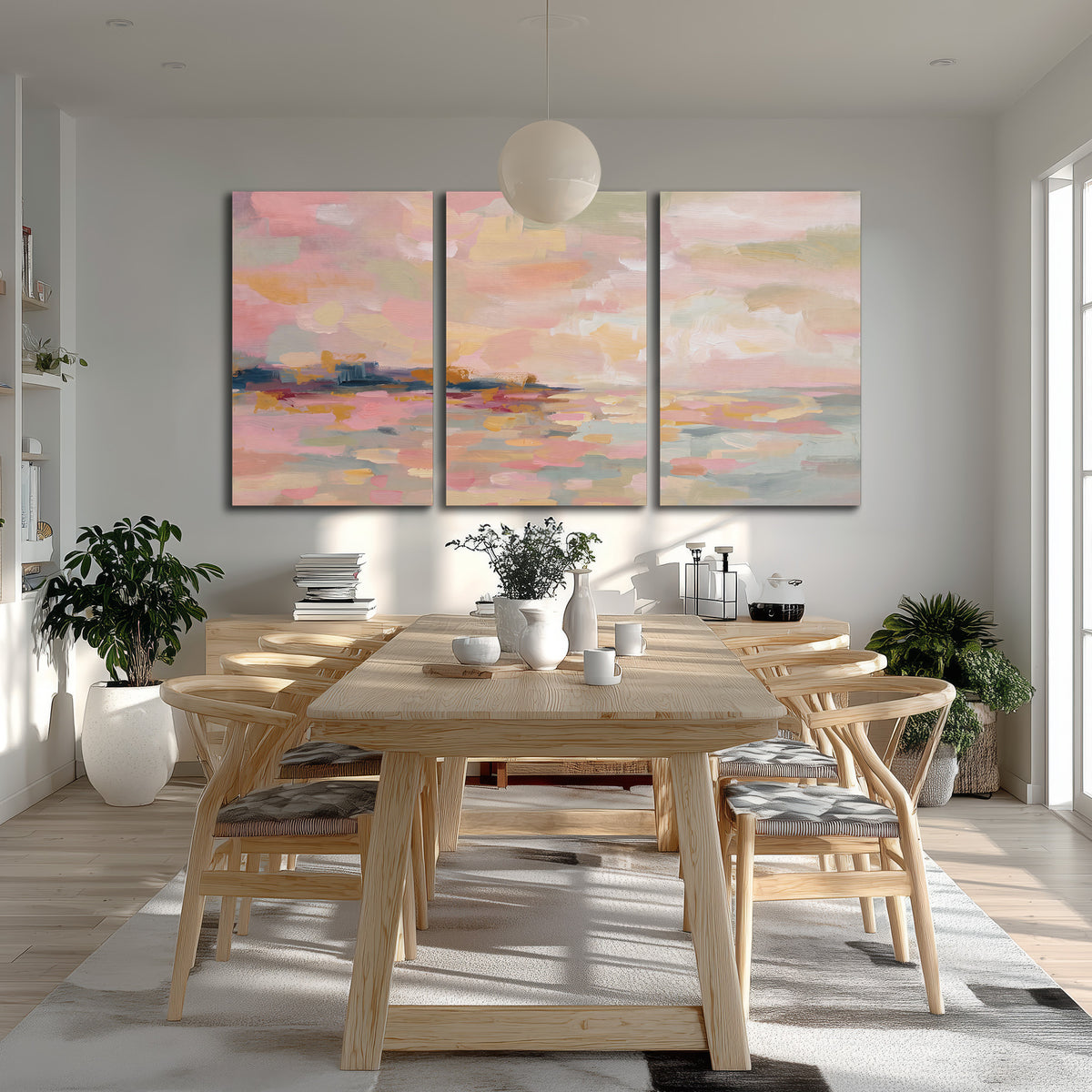 Pink, peach and yellow painted-style sky and water reflections 3 piece canvas wall art room and product view