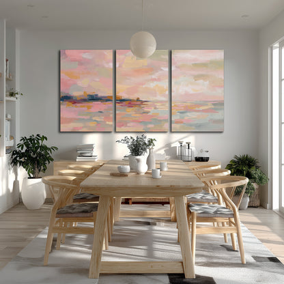 Pink, peach and yellow painted-style sky and water reflections 3 piece canvas wall art room and product view