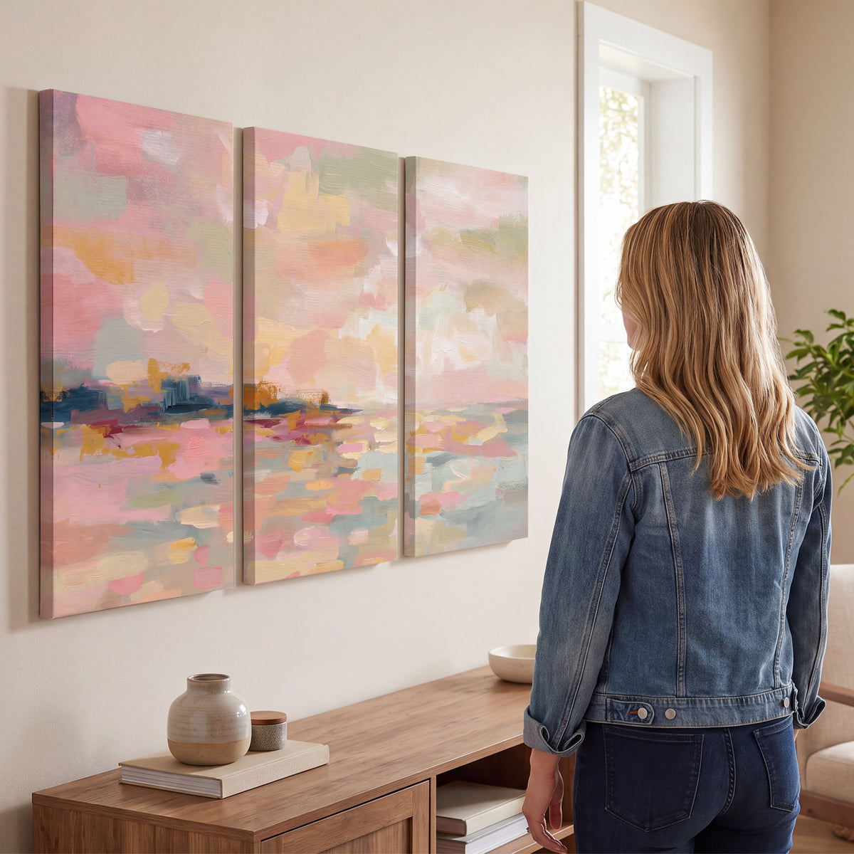 Pink, peach and yellow painted-style sky and water reflections 3 piece canvas wall art three panel arrangement on a wall