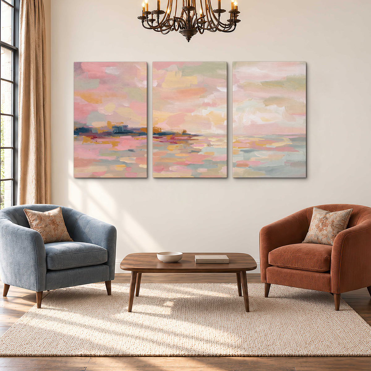 Pink, peach and yellow painted-style sky and water reflections 3 piece canvas wall art styled in an interior