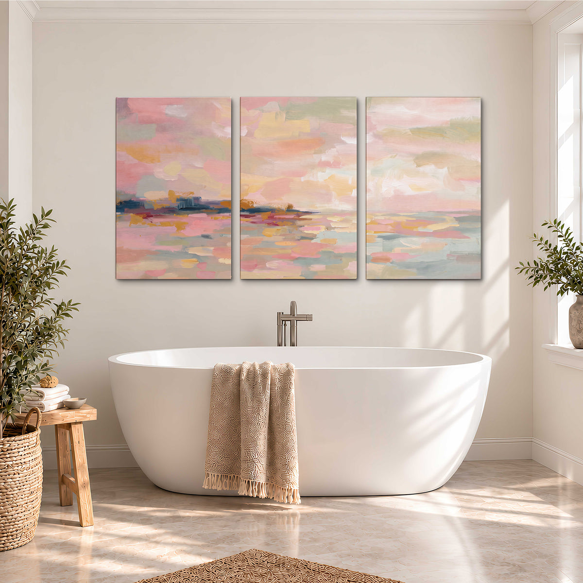 Pink, peach and yellow painted-style sky and water reflections 3 piece canvas wall art styled in an interior