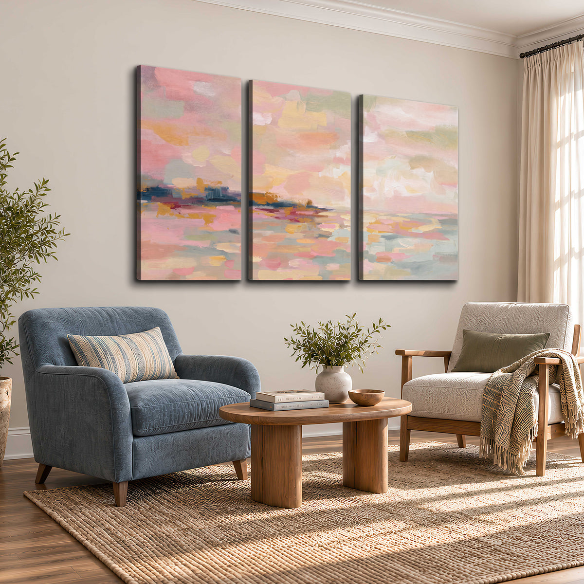 Pink, peach and yellow painted-style sky and water reflections 3 piece canvas wall art styled in an interior
